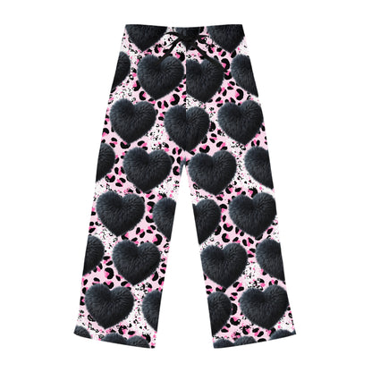 Cheetah Print Pajama Pants with Black Puffy Heart – Cozy Valentine’s Day Loungewear