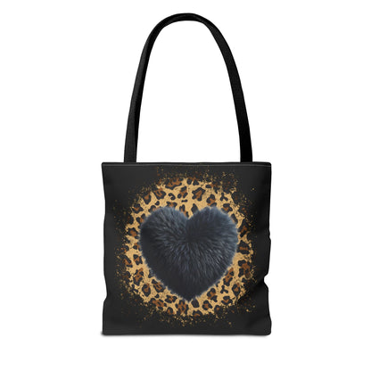 90s-Inspired Cheetah Print Tote Bag with Black Fuzzy looking Heart – Stylish & Durable Valentine’s Day Gift by Ts1st