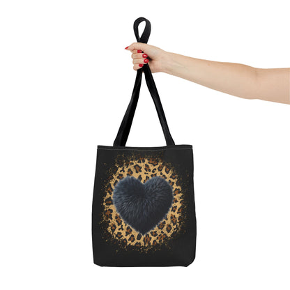 90s-Inspired Cheetah Print Tote Bag with Black Fuzzy looking Heart – Stylish & Durable Valentine’s Day Gift by Ts1st