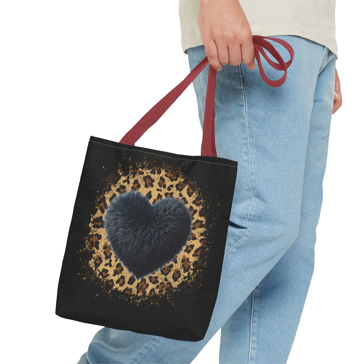 90s-Inspired Cheetah Print Tote Bag with Black Fuzzy looking Heart – Stylish & Durable Valentine’s Day Gift by Ts1st