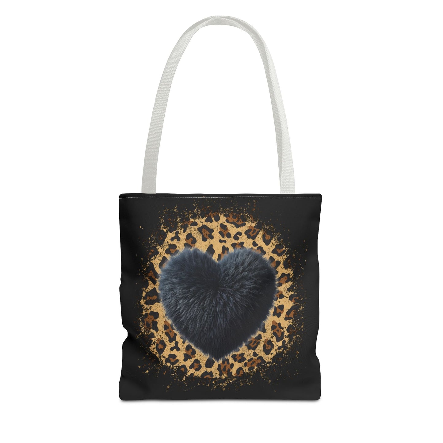 90s-Inspired Cheetah Print Tote Bag with Black Fuzzy looking Heart – Stylish & Durable Valentine’s Day Gift by Ts1st