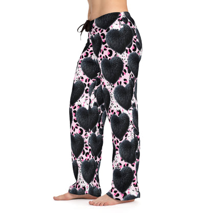 Cheetah Print Pajama Pants with Black Puffy Heart – Cozy Valentine’s Day Loungewear