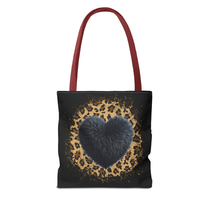 90s-Inspired Cheetah Print Tote Bag with Black Fuzzy looking Heart – Stylish & Durable Valentine’s Day Gift by Ts1st