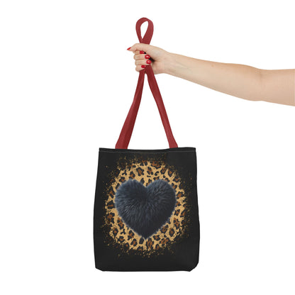 90s-Inspired Cheetah Print Tote Bag with Black Fuzzy looking Heart – Stylish & Durable Valentine’s Day Gift by Ts1st