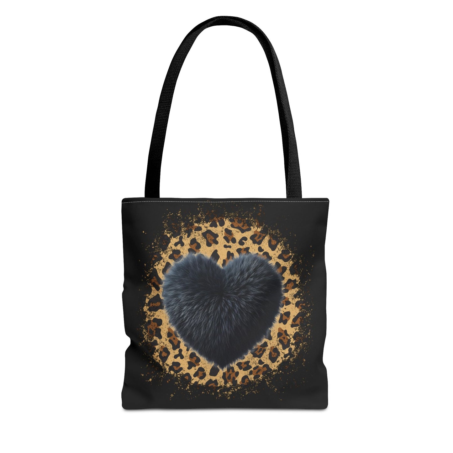 90s-Inspired Cheetah Print Tote Bag with Black Fuzzy looking Heart – Stylish & Durable Valentine’s Day Gift by Ts1st