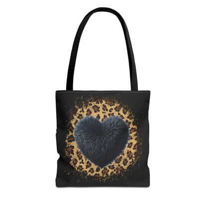 90s-Inspired Cheetah Print Tote Bag with Black Fuzzy looking Heart – Stylish & Durable Valentine’s Day Gift by Ts1st