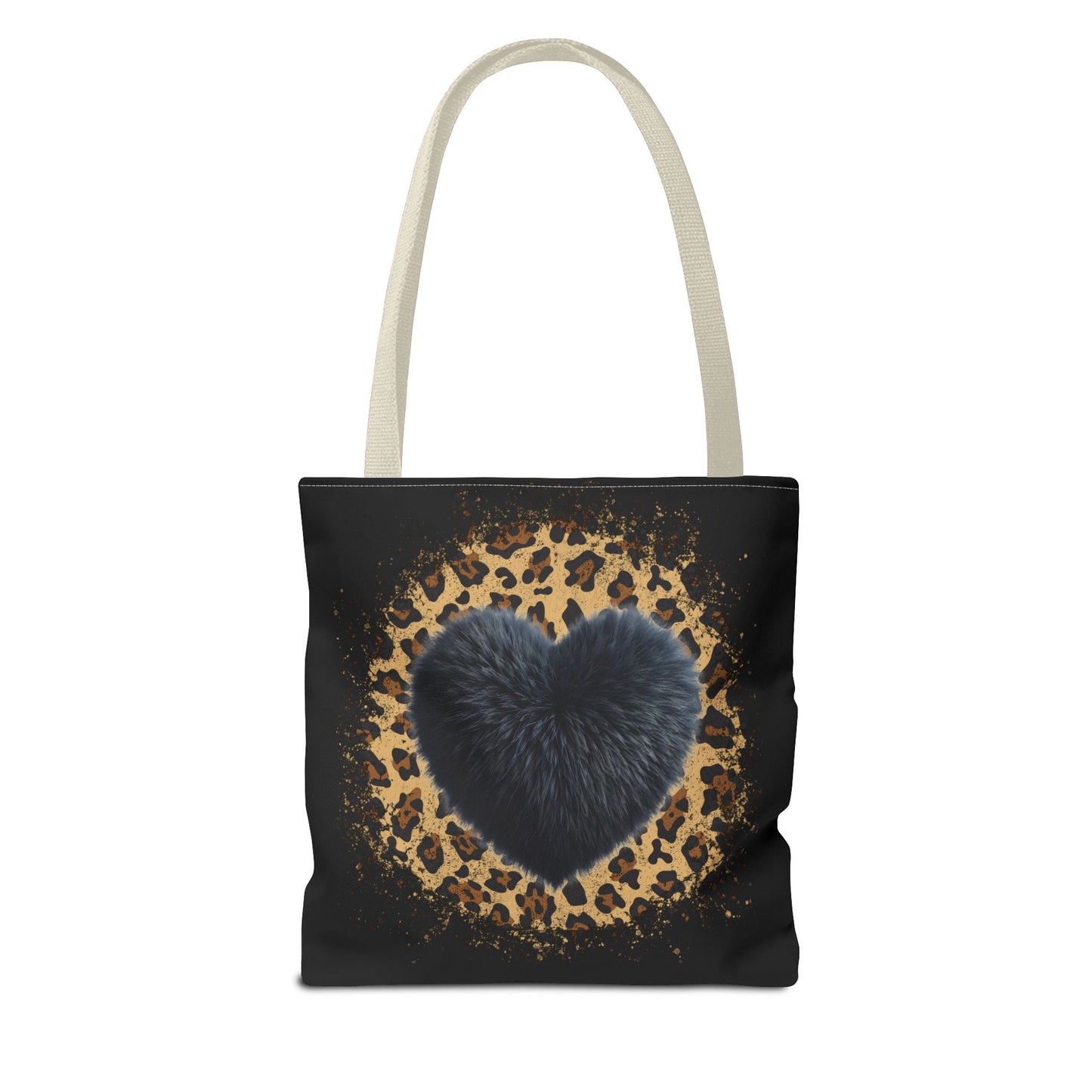 90s-Inspired Cheetah Print Tote Bag with Black Fuzzy looking Heart – Stylish & Durable Valentine’s Day Gift by Ts1st