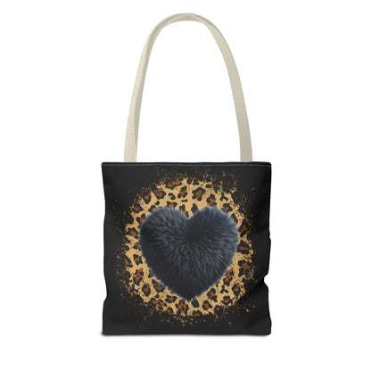 90s-Inspired Cheetah Print Tote Bag with Black Fuzzy looking Heart – Stylish & Durable Valentine’s Day Gift by Ts1st