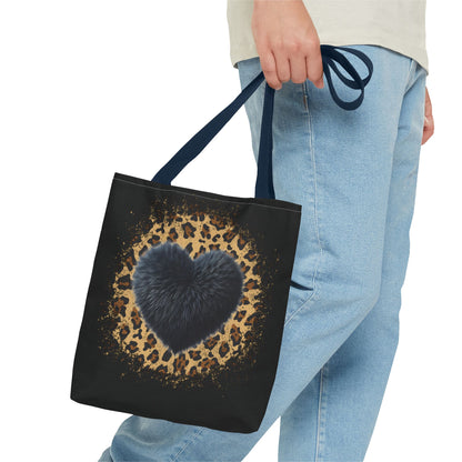 90s-Inspired Cheetah Print Tote Bag with Black Fuzzy looking Heart – Stylish & Durable Valentine’s Day Gift by Ts1st