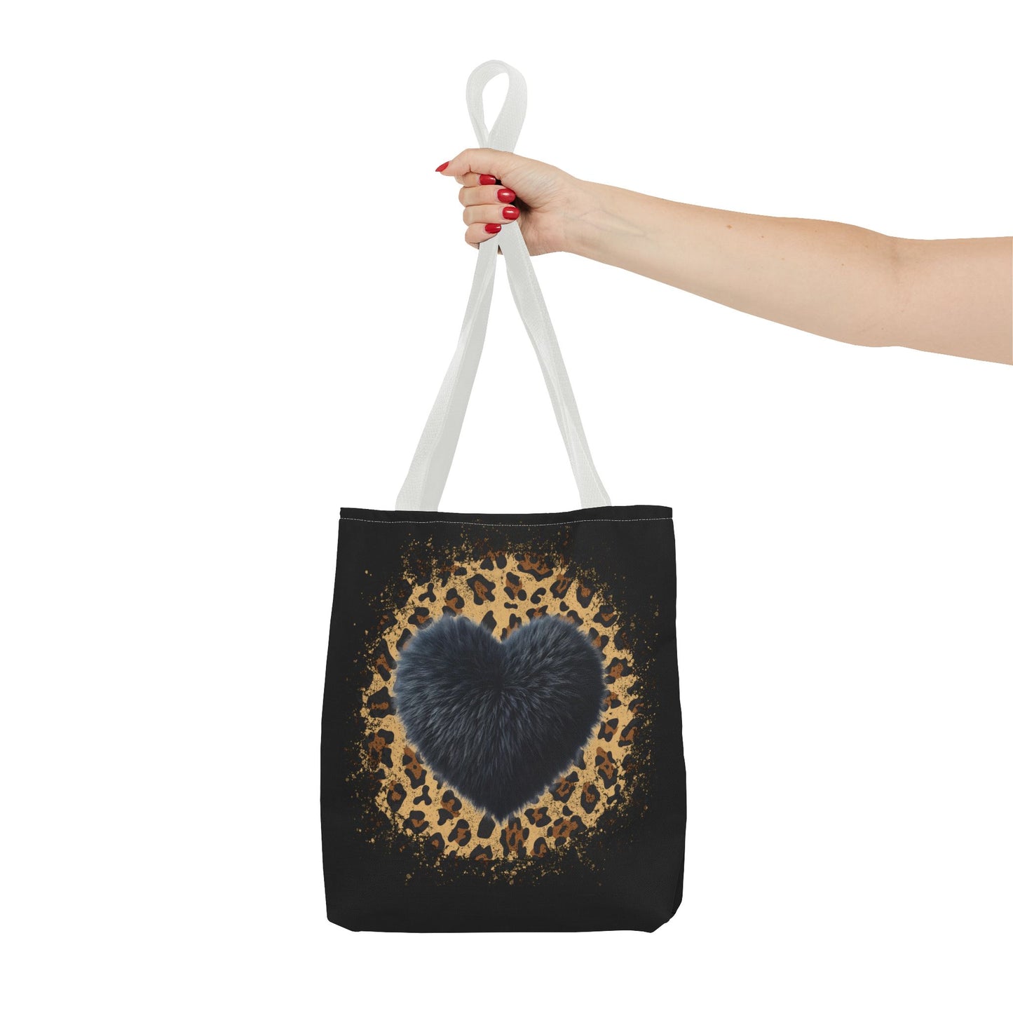 90s-Inspired Cheetah Print Tote Bag with Black Fuzzy looking Heart – Stylish & Durable Valentine’s Day Gift by Ts1st