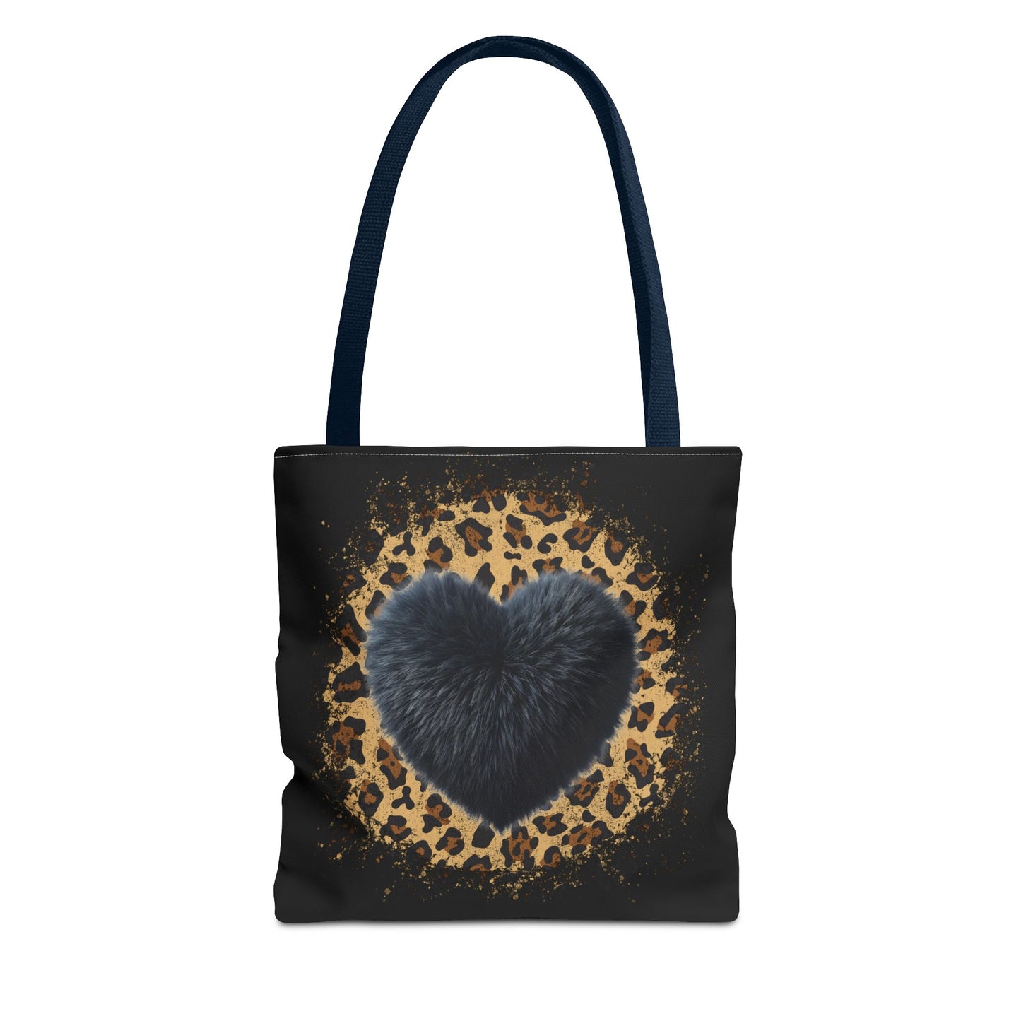 90s-Inspired Cheetah Print Tote Bag with Black Fuzzy looking Heart – Stylish & Durable Valentine’s Day Gift by Ts1st