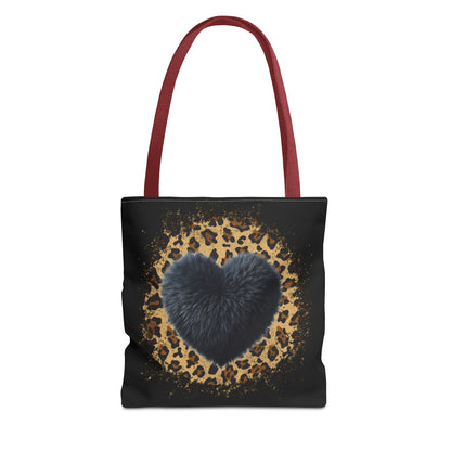 90s-Inspired Cheetah Print Tote Bag with Black Fuzzy looking Heart – Stylish & Durable Valentine’s Day Gift by Ts1st