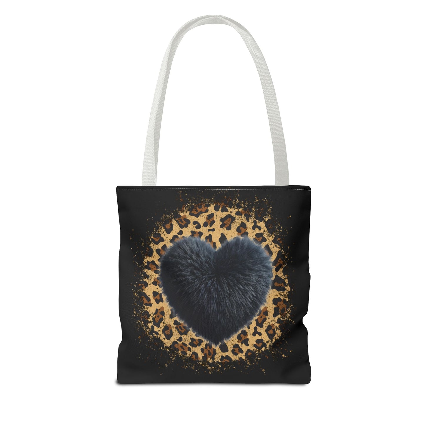 90s-Inspired Cheetah Print Tote Bag with Black Fuzzy looking Heart – Stylish & Durable Valentine’s Day Gift by Ts1st