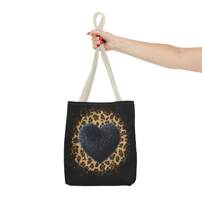 90s-Inspired Cheetah Print Tote Bag with Black Fuzzy looking Heart – Stylish & Durable Valentine’s Day Gift by Ts1st