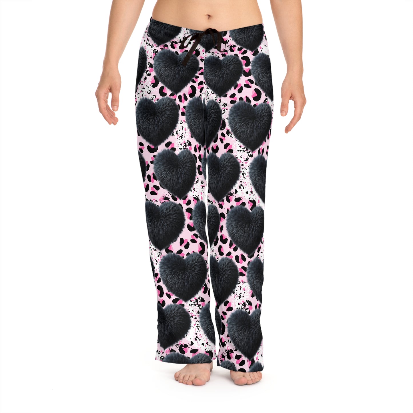 Cheetah Print Pajama Pants with Black Puffy Heart – Cozy Valentine’s Day Loungewear